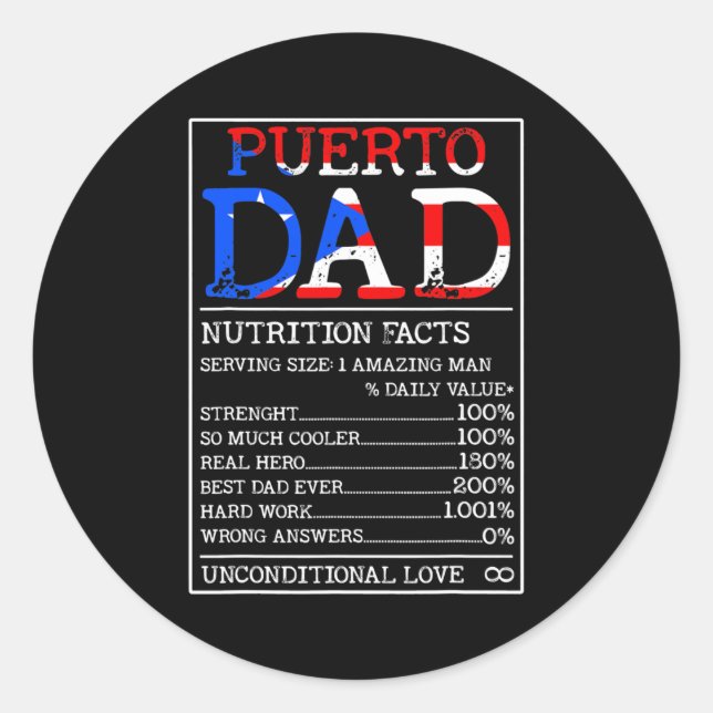 Puerto Rican Dad Nutrition Facts Funny Puerto Classic Round Sticker (Front)