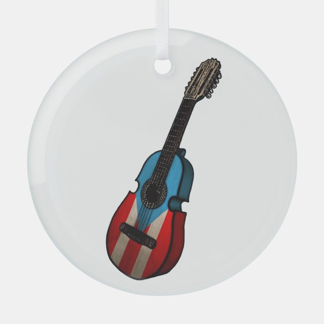 Puerto Rican Flag Cuatro Glass Tree Decoration (Front)