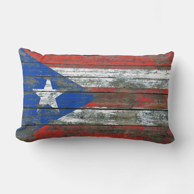 Puerto Rican Flag on Rough Wood Boards Effect Lumbar Cushion (Front)