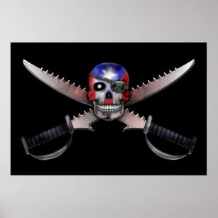 Puerto Rican Flag - Skull and Crossed Swords Poster