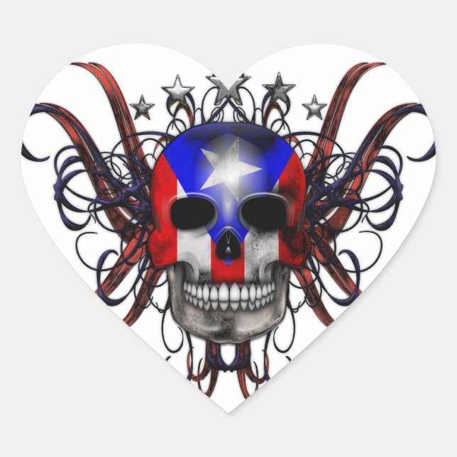 Puerto Rican Flag - Skull Heart Sticker (Front)