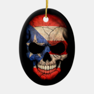 Puerto Rican Flag Skull on Black Ceramic Tree Decoration