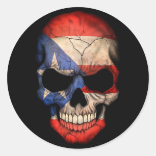 Puerto Rican Flag Skull on Black Classic Round Sticker