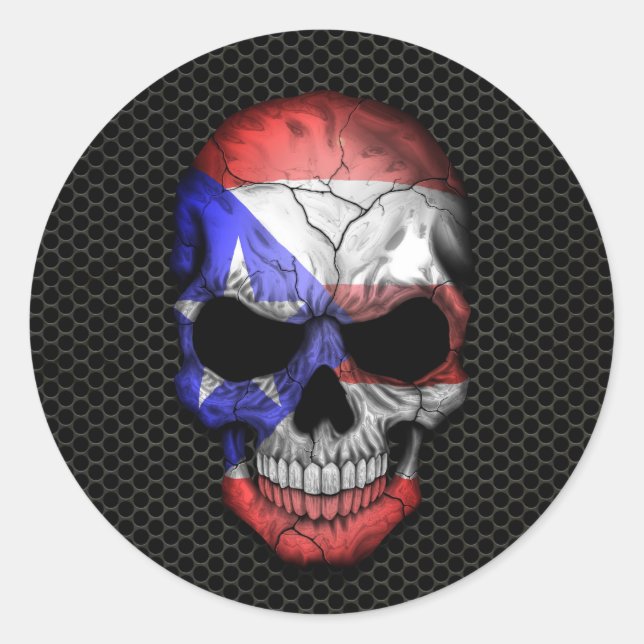 Puerto Rican Flag Skull on Steel Mesh Graphic Classic Round Sticker (Front)