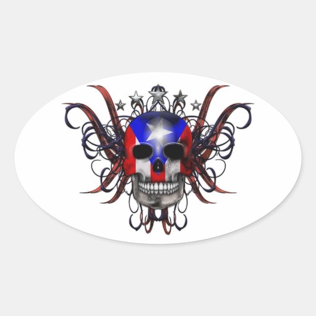 Puerto Rican Flag - Skull Oval Sticker (Front)