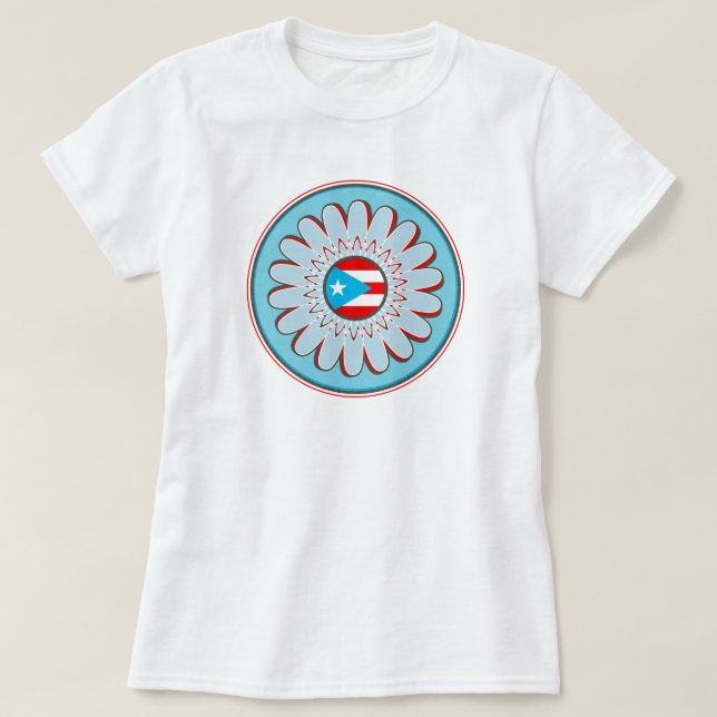 Puerto Rican Flag Sky Blue Boho Flower T-Shirt (Design Front)