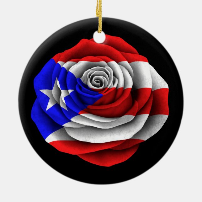 Puerto Rican Rose Flag on Black Ceramic Tree Decoration (Back)