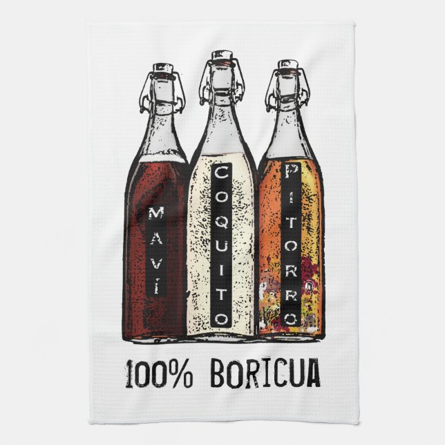 Puerto Rican Traditional Drinks 100% Boricua  Tea Towel (Vertical)