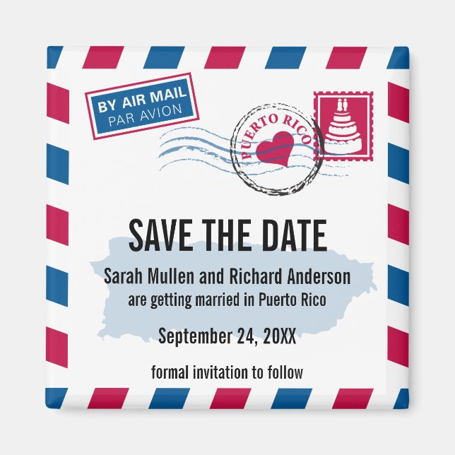 Puerto Rico Air Mail Wedding Save the Date Magnet (Front)