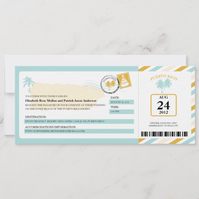 Puerto Rico Airmail Boarding Pass Wedding Invitation (Front)
