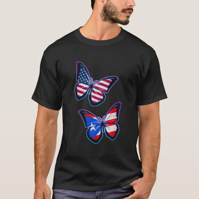 Puerto Rico And The Usa Bicultural Roots Butterfly T-Shirt (Front)