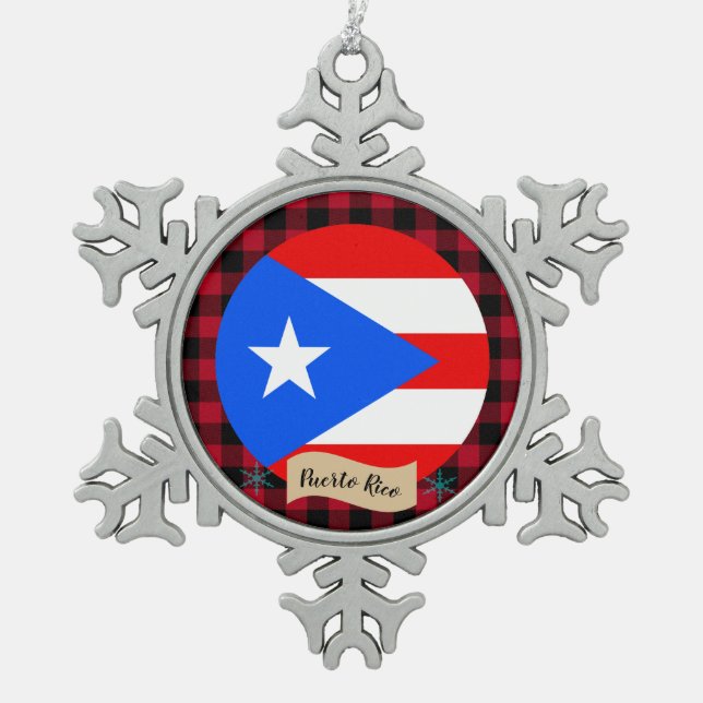 Puerto Rico, buffalo plaid, Puerto Rican Flag Snowflake Pewter Christmas Ornament (Front)