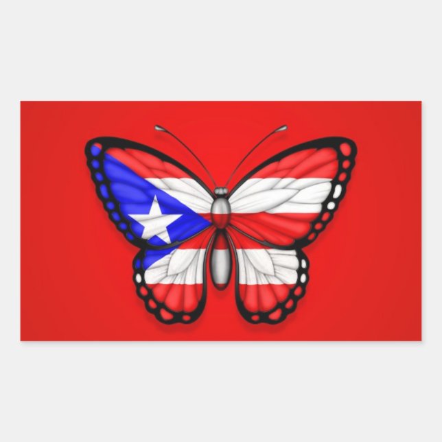 Puerto Rico Butterfly Flag on Red Rectangular Sticker (Front)