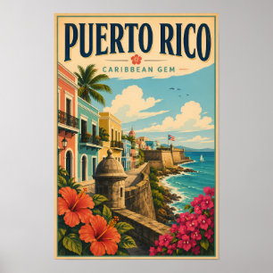 Puerto Rico Coast Illustration Travel Art Vintage Poster