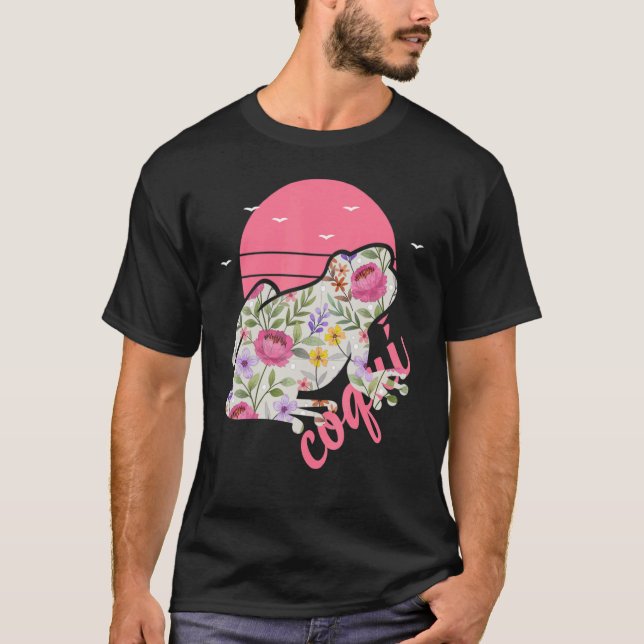 Puerto Rico Coqui Frog Floral Graphic T-Shirt (Front)