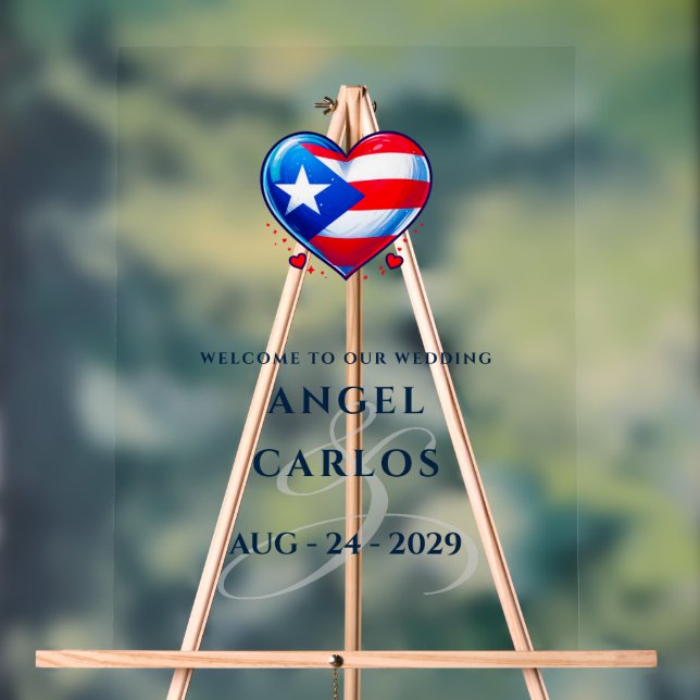 Puerto Rico Couple Heart Wedding Welcome Acrylic Sign (Neutral)