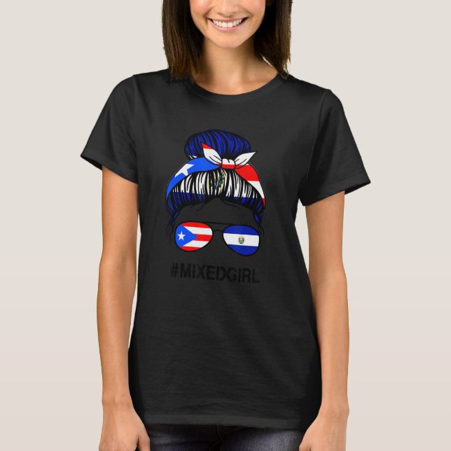 Puerto Rico El Salvador Flag Puerto Rican Messy Bu T-Shirt (Front)