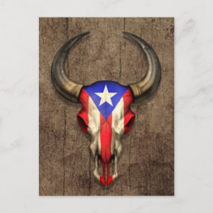 Puerto Rico Flag Bull Skull on Wood Effect Postcard