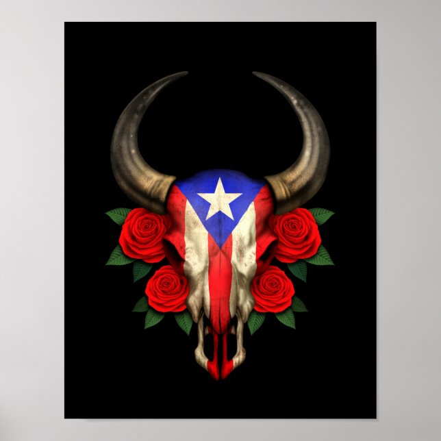 Puerto Rico Flag Bull Skull with Red Roses Poster (Front)