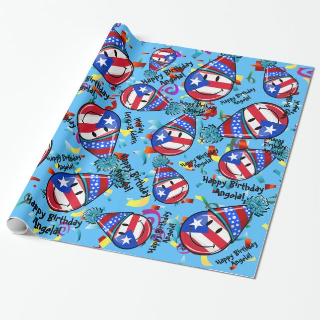 Puerto Rico Flag In a Party Hat | Birthday Wrapping Paper (Unrolled)