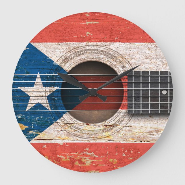 Puerto Rico Flag on Old Acoustic Guitar Large Clock (Front)