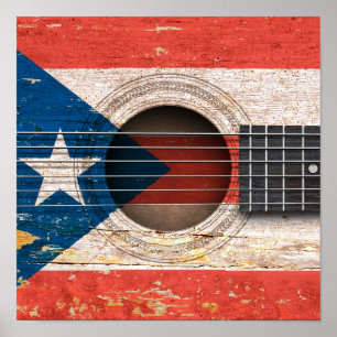 Puerto Rico Flag on Old Acoustic Guitar Poster