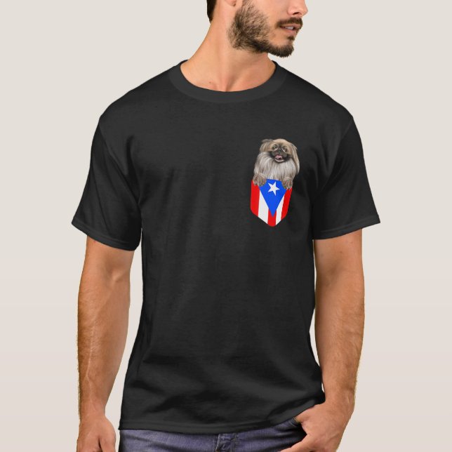 Puerto Rico Flag Pekingese Dog In Pocket T-Shirt (Front)