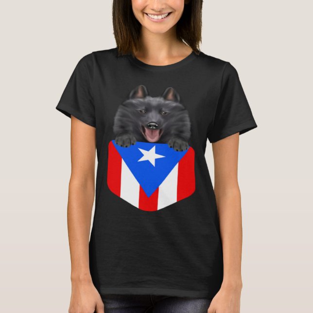 Puerto Rico Flag Schipperke Dog In Pocket T-Shirt (Front)