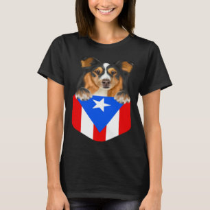 Puerto Rico Flag Shetland Sheepdog Dog In Pocket T-Shirt