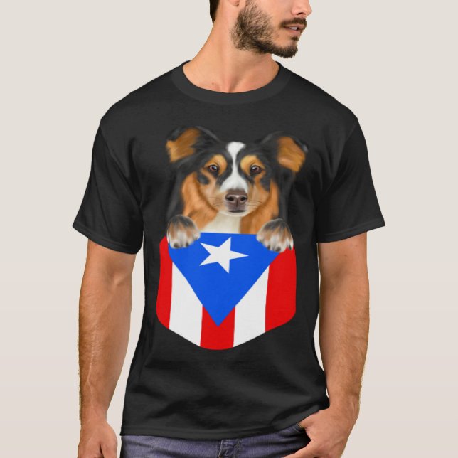 Puerto Rico Flag Shetland Sheepdog Dog In Pocket T-Shirt (Front)