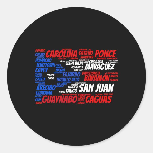 Puerto Rico Flag With City Names San Juan Word Classic Round Sticker (Front)