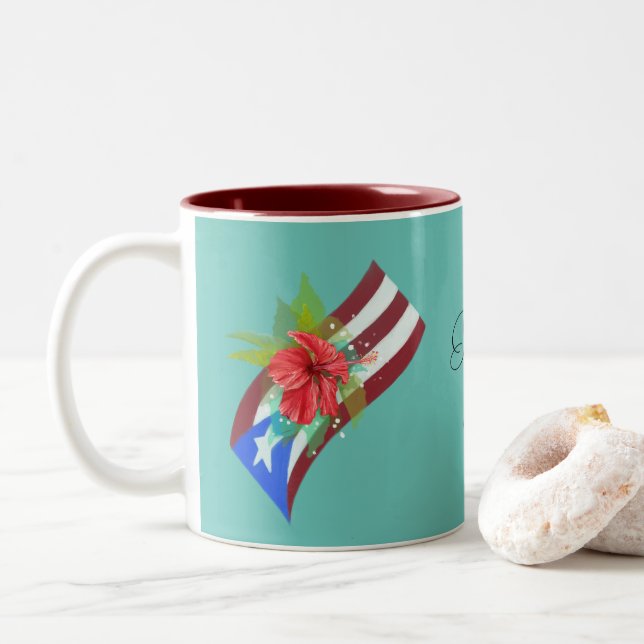 Puerto Rico flag with flor de maga  Two-Tone Coffee Mug (With Donut)