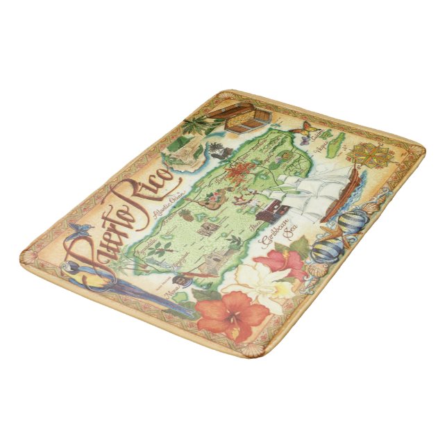 Puerto Rico Illustrated Map Bath Mat Rug (Angled)