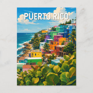 Puerto Rico Illustration Travel Art Vintage Postcard