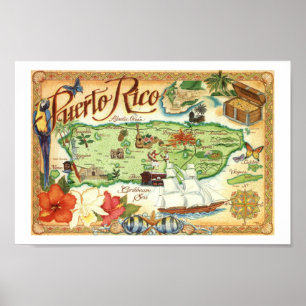 Puerto Rico Map Colourful Vintage Print