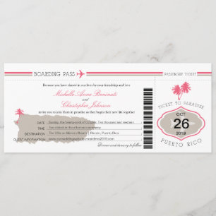 Puerto Rico Palm Tree Wedding Boarding Pass Invitation