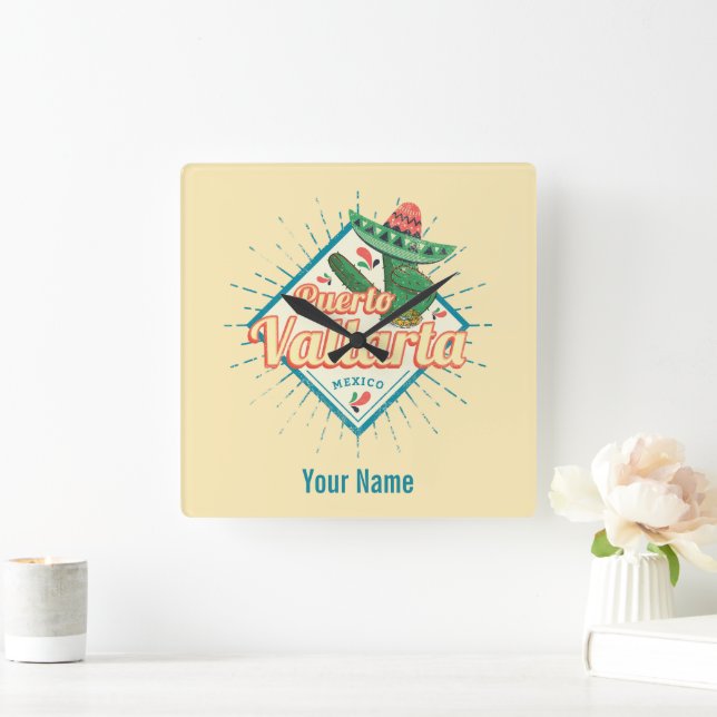 Puerto Vallarta Jalisco Mexico dancing cactus Square Wall Clock (Home)