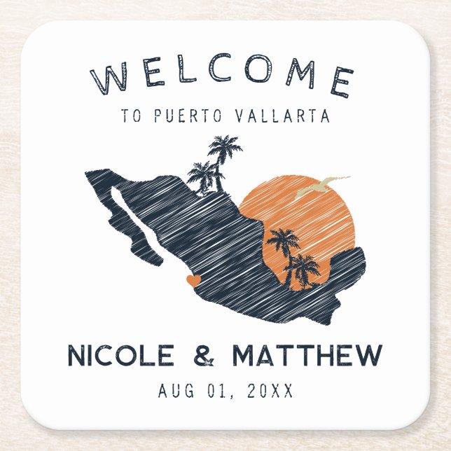 Puerto Vallarta Mexico Navy Map Wedding Welcome Square Paper Coaster (Front)