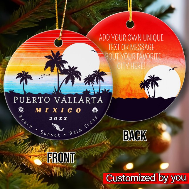 Puerto Vallarta Mexico Retro Sunset Souvenirs 60s Ceramic Tree Decoration (Creator Uploaded)