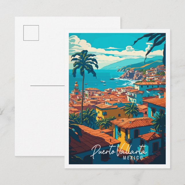 Puerto Vallarta Mexico vintage travel illustration Postcard (Front/Back)