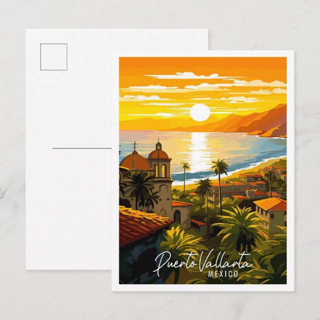 Puerto Vallarta Mexico vintage travel illustration Postcard (Front/Back)