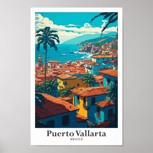Puerto Vallarta Mexico Vintage Travel Illustration Poster (Front)