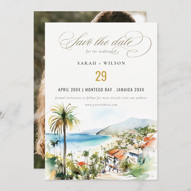 Puerto Vallarta Mexico Watercolor Photo Wedding Save The Date (Front/Back)