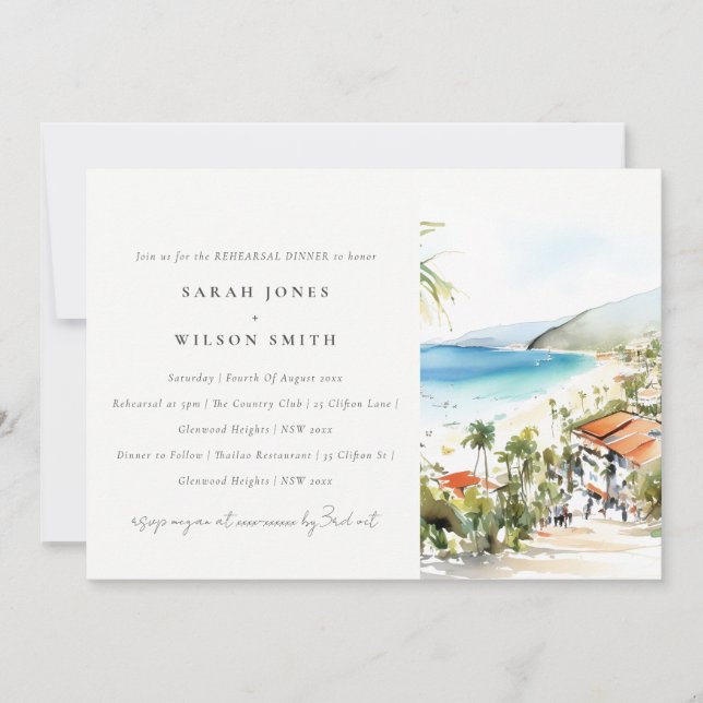 Puerto Vallarta Mexico Watercolor Rehearsal Dinner Invitation (Front)