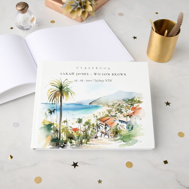 Puerto Vallarta Mexico Watercolor scape Wedding Guest Book (Front Open)