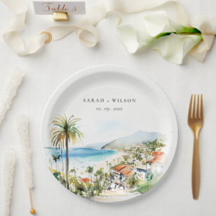 Puerto Vallarta Mexico Watercolor scape Wedding Paper Plate