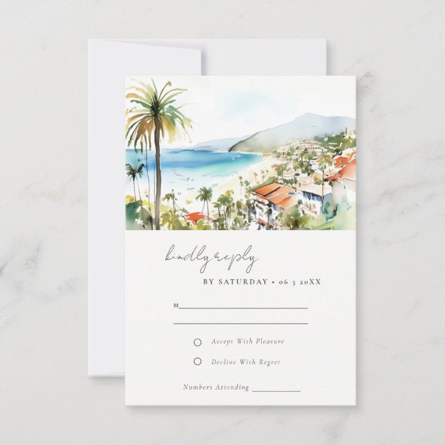 Puerto Vallarta Mexico Watercolor Scape Wedding RSVP Card (Front)