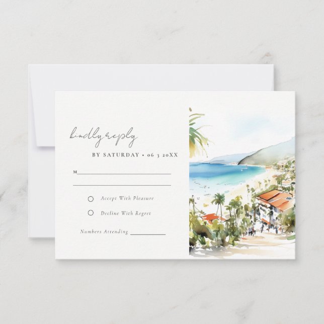 Puerto Vallarta Mexico Watercolor Scape Wedding RSVP Card (Front)