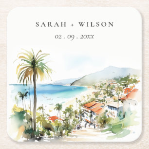 Puerto Vallarta Mexico Watercolor scape Wedding Square Paper Coaster