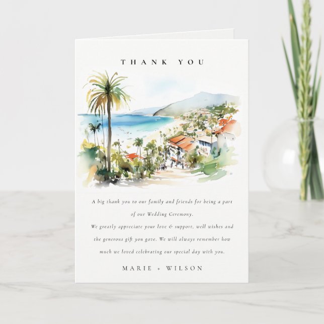 Puerto Vallarta Mexico Watercolor scape Wedding Thank You Card (Front)